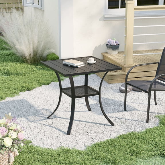 Vicllax 28" Patio Bistro Table Square Metal Slatted Tabletop with Storage Shelf for Deck (Black)