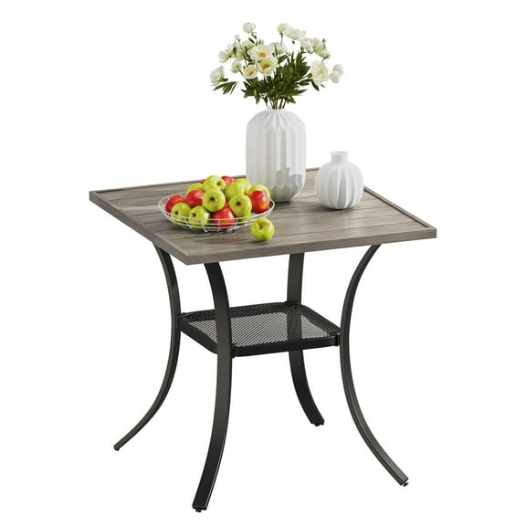 Vicllax 28" Patio Bistro Table Square Metal Slatted Tabletop with Storage Shelf for Deck (Grey-wood)