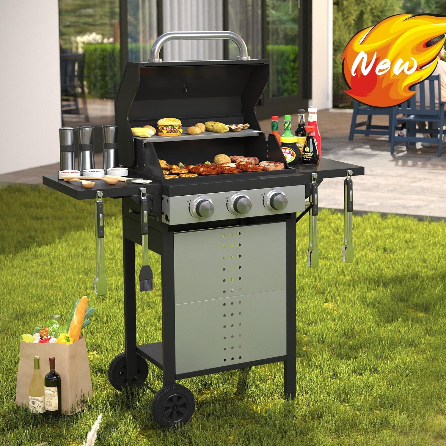Vicllax 3-Burner Propane Gas Grill with Folding Side Table Outdoor Cooking BBQ Stainless Steel