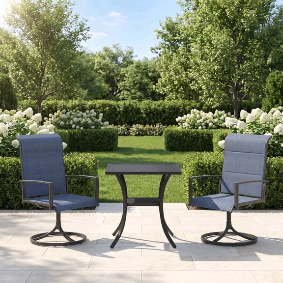 Vicllax 3 Pcs Outdoor Patio Dining Set, 28 Inch Square Outdoor Table & 2 Padded Swivel Chairs, for Garden, Yard, Black & Blue