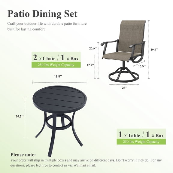 Vicllax 3-Piece Patio Outdoor Dining Set Metal Swivel Chairs & Round Steel Table