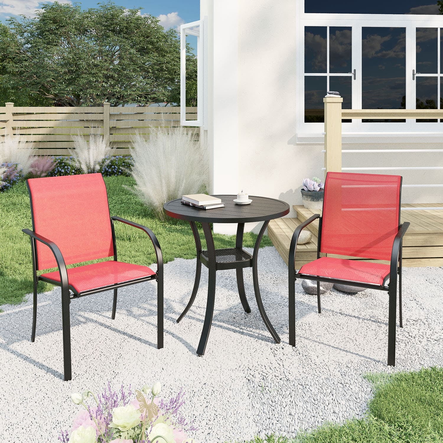Vicllax 3-Piece Round Outdoor Patio Dining Furniture Set Table and Chair Metal Frame for Garden