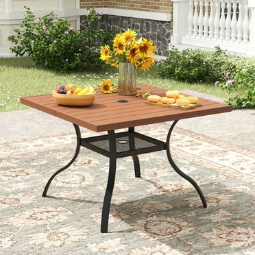 Vicllax 38.5" Outdoor Patio Dining Table Plastic Tabletop Metal Frame with Umbrella Hole, Walnut