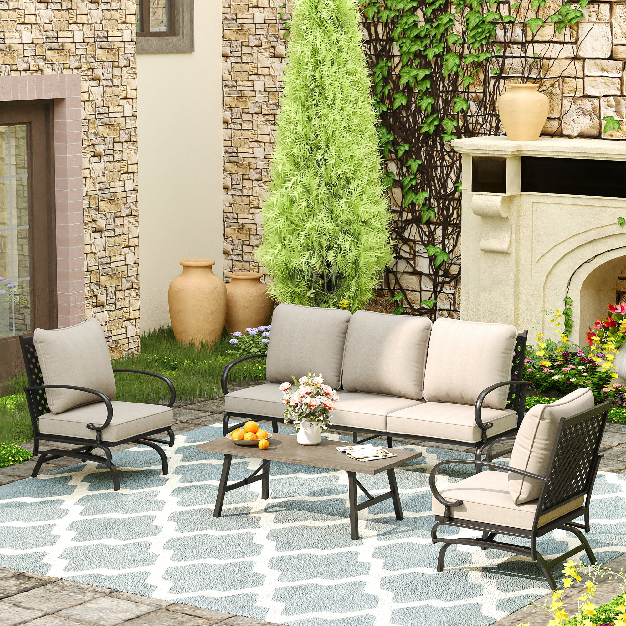 Beige Cushioned 5-Person Black Steel Patio Conversation Set