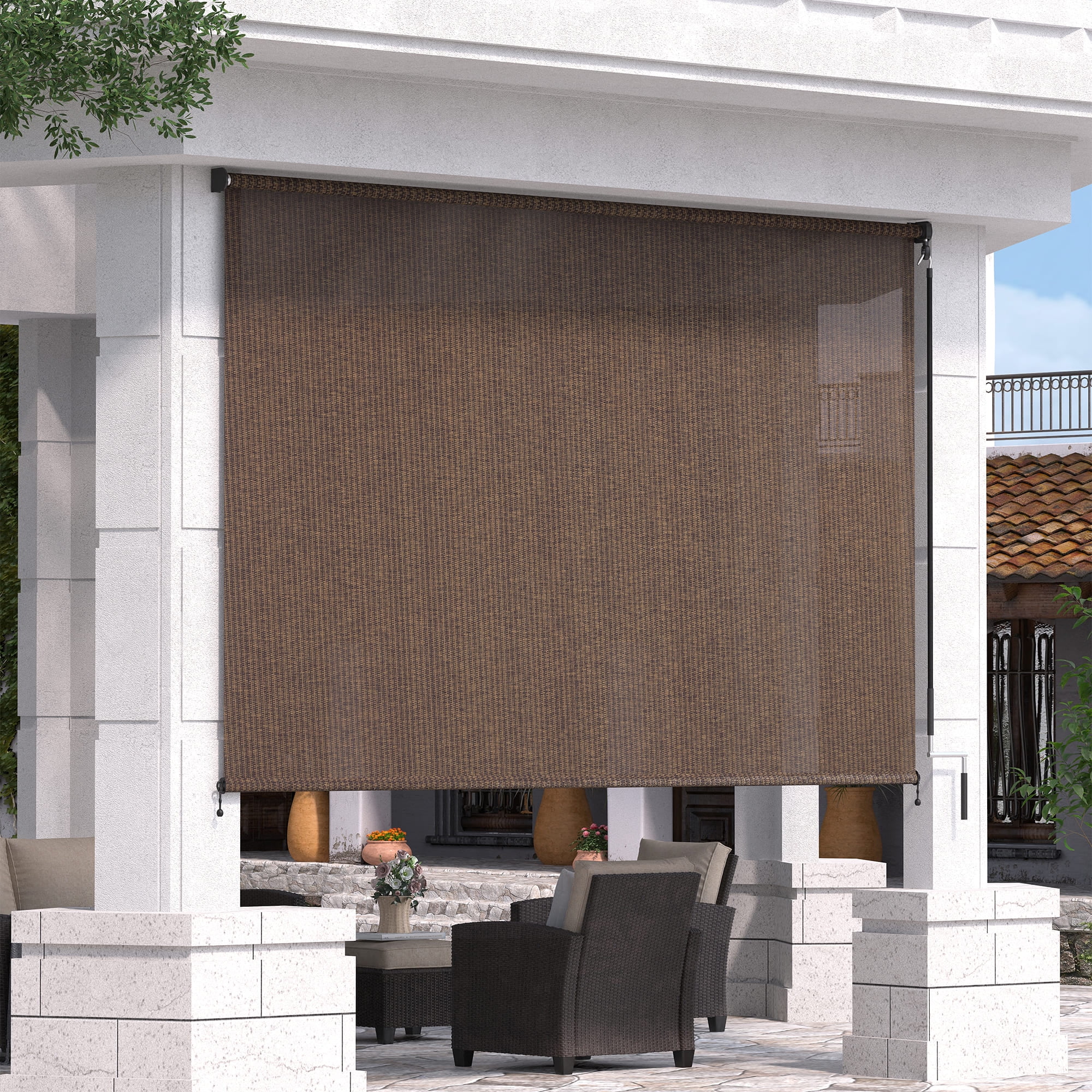 Mocha Cordless Outdoor Roller Shade with 90% UV Protection, 4' W x 6' L