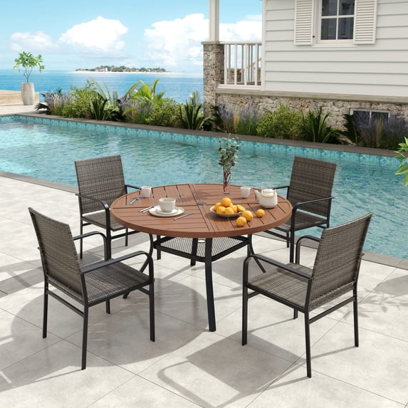 Vicllax 5-Piece Outdoor Patio Dining Set, 4 Rattan Wicker Chairs & Round Slatted Tabletop Table