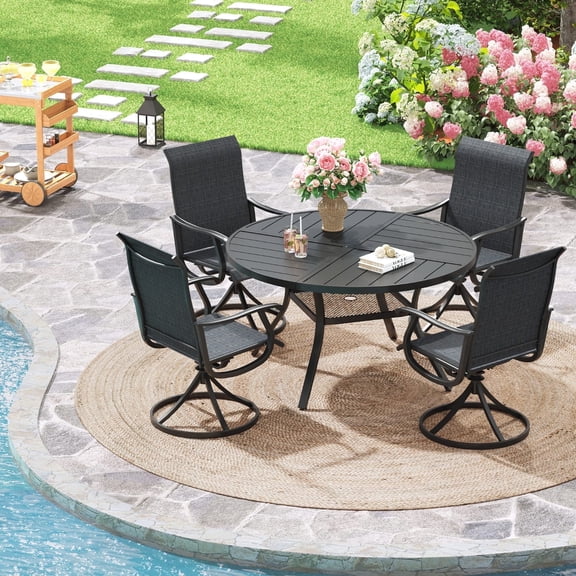 Vicllax 5-Piece Outdoor Patio Dining Set, 41-Inch Round Outdoor Table with Umbrella Hole and 4 Swivel Patio Chairs, Outdoor Furniture for Backyard, Garden, Deck & Porch