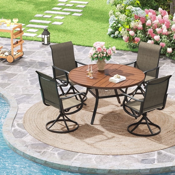Vicllax 5-Piece Outdoor Patio Dining Set, 41-Inch Round Outdoor Table with Umbrella Hole and 4 Swivel Patio Chairs, Outdoor Furniture for Backyard, Garden, Deck & Porch