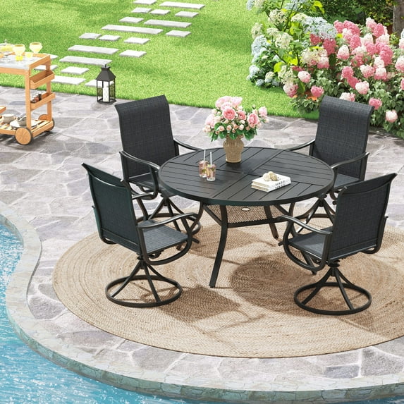 Vicllax 5-Piece Outdoor Patio Dining Set Metal Frame Swivel Chairs & Round Table with Umbrella Hole