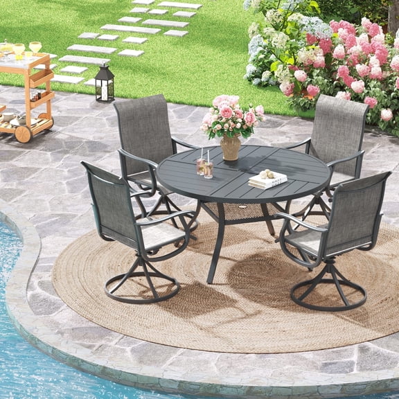 Vicllax 5-Piece Outdoor Patio Dining Set, 41-Inch Round Outdoor Table with Umbrella Hole and 4 Swivel Patio Chairs, Outdoor Furniture for Backyard, Garden, Deck & Porch