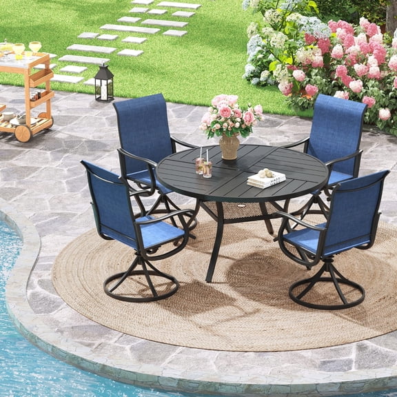 Vicllax 5-Piece Outdoor Patio Dining Set Metal Frame Swivel Chairs & Round Table with Umbrella Hole