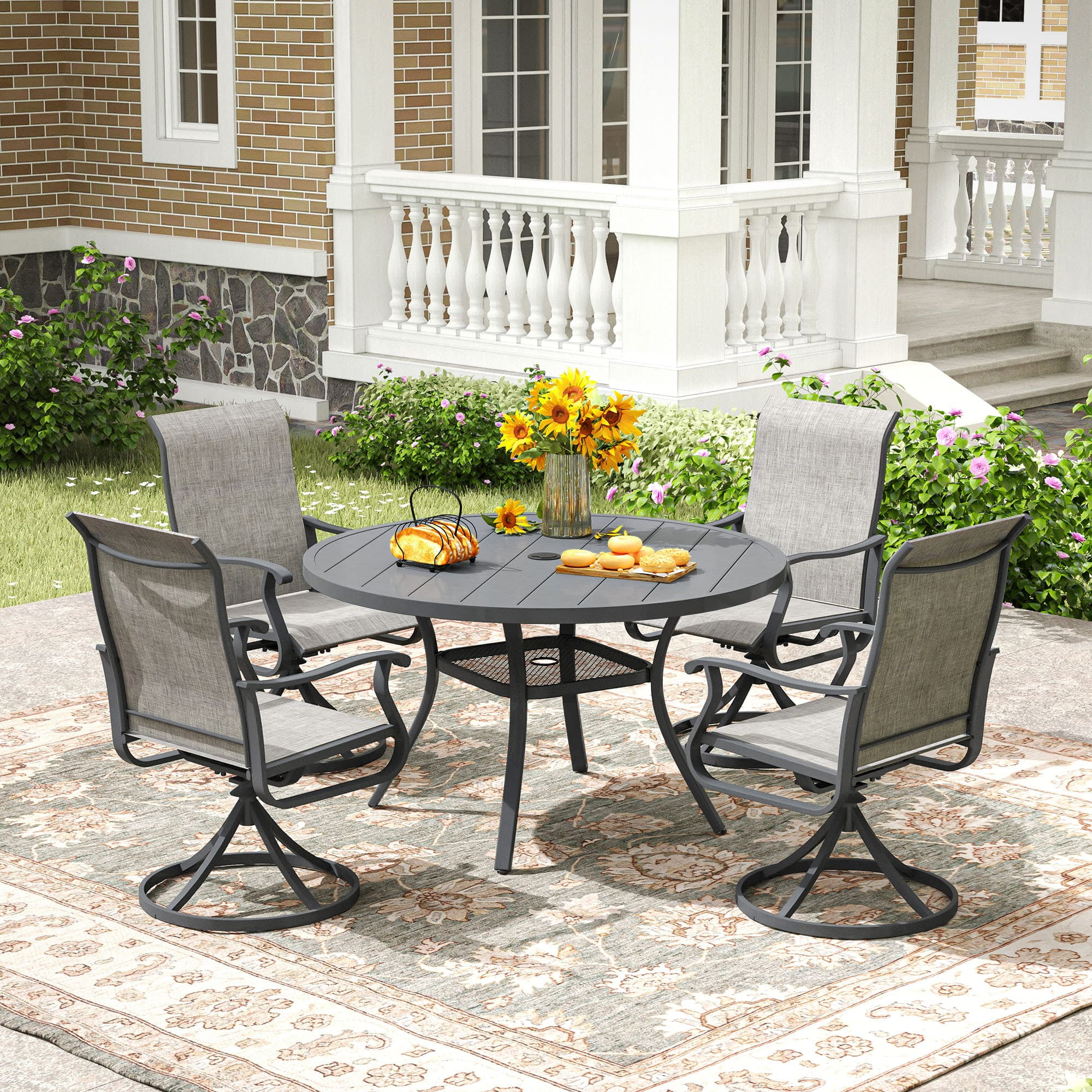 Vicllax 5-Piece Outdoor Patio Dining Set Metal Swivel Chairs & Round Steel Table with Umbrella Hole
