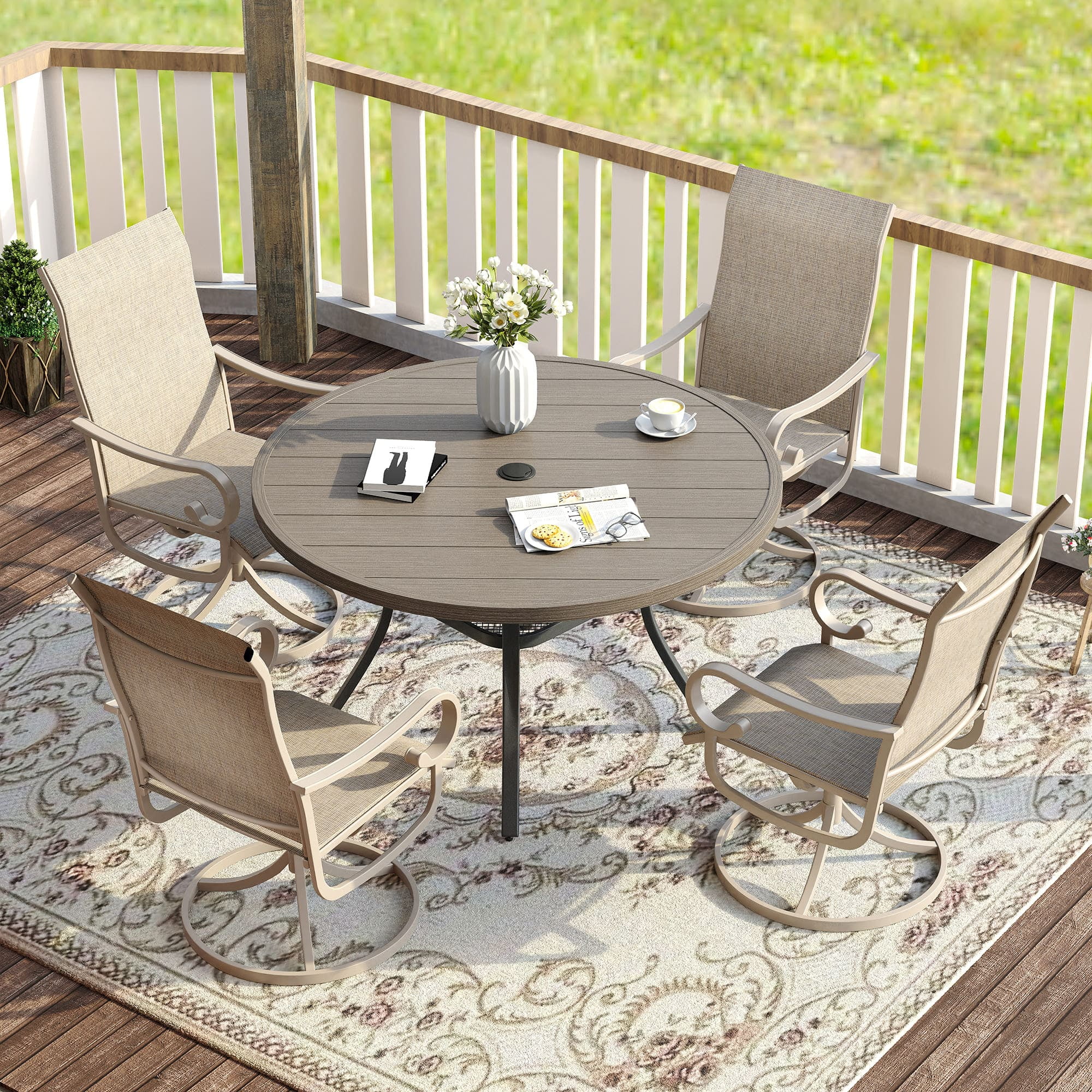 Vicllax 5-Piece Outdoor Patio Dining Set Metal Swivel Chairs & Round Steel Table with Umbrella Hole