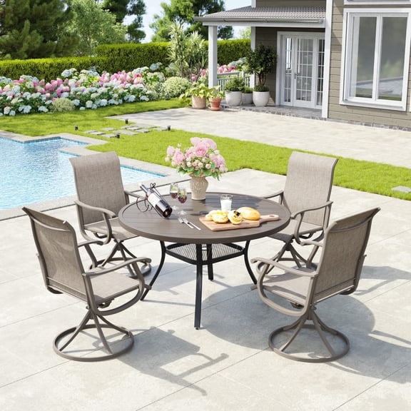 Vicllax 5-Piece Outdoor Patio Dining Set Metal Swivel Chairs & Round Steel Table with Umbrella Hole