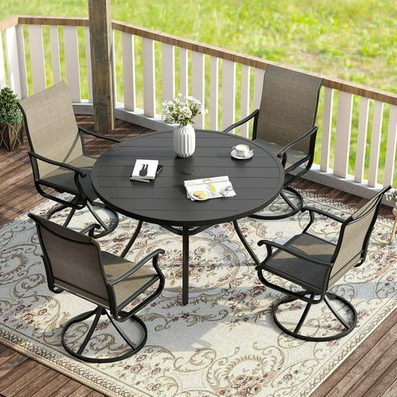 Vicllax 5-Piece Outdoor Patio Dining Set Metal Swivel Chairs & Round Steel Table with Umbrella Hole