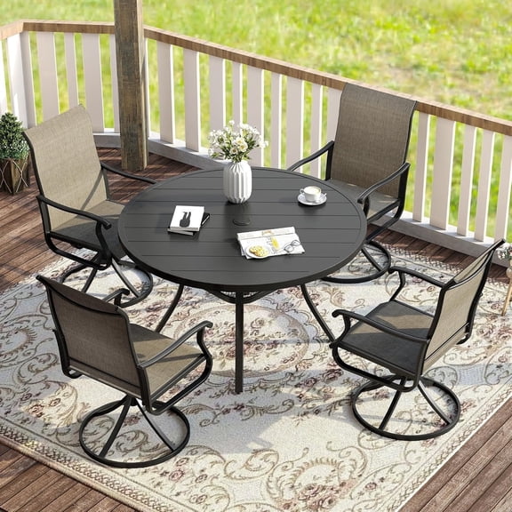 Vicllax 5-Piece Outdoor Patio Dining Set, 41-Inch Round Outdoor Table with Umbrella Hole and 4 Swivel Patio Chairs, Outdoor Furniture for Backyard, Garden, Deck & Porch