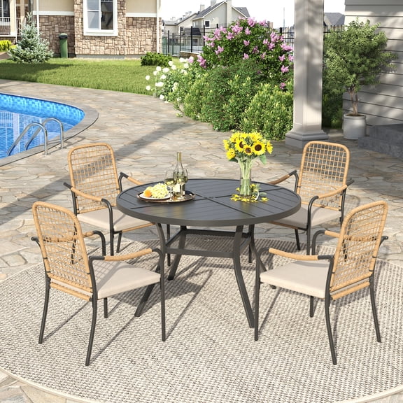 Vicllax 5-Piece Outdoor Patio Dining Set, Round Table and 4 Rope-woven fixed chairs with cushions