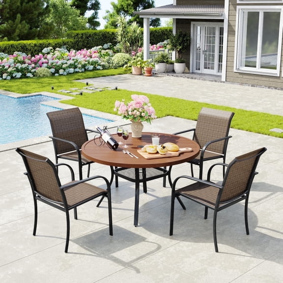 Vicllax 5-Piece Round Outdoor Patio Dining Furniture Set Table and Chair Metal Frame, Umbrella Hole