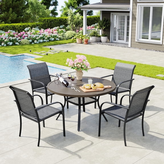 Vicllax 5-Piece Round Outdoor Patio Dining Furniture Set Table and Chair Metal Frame, Umbrella Hole