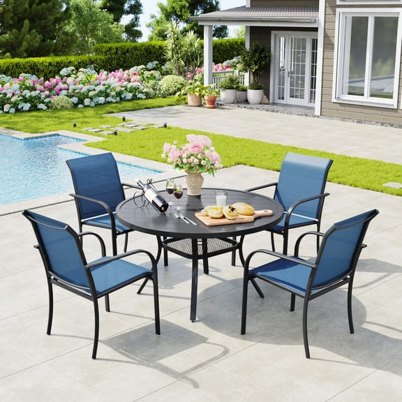 Vicllax 5-Piece Round Outdoor Patio Dining Furniture Set Table and Chair Metal Frame, Umbrella Hole