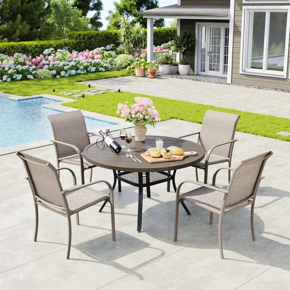 Vicllax 5-Piece Round Outdoor Patio Dining Furniture Set Table and Chair Metal Frame, Umbrella Hole