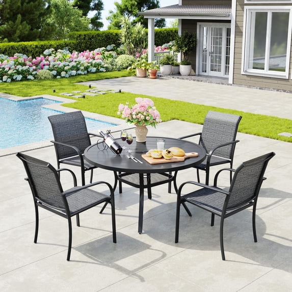 Vicllax 5-Piece Round Outdoor Patio Dining Furniture Set Table and Chair Metal Frame, Umbrella Hole