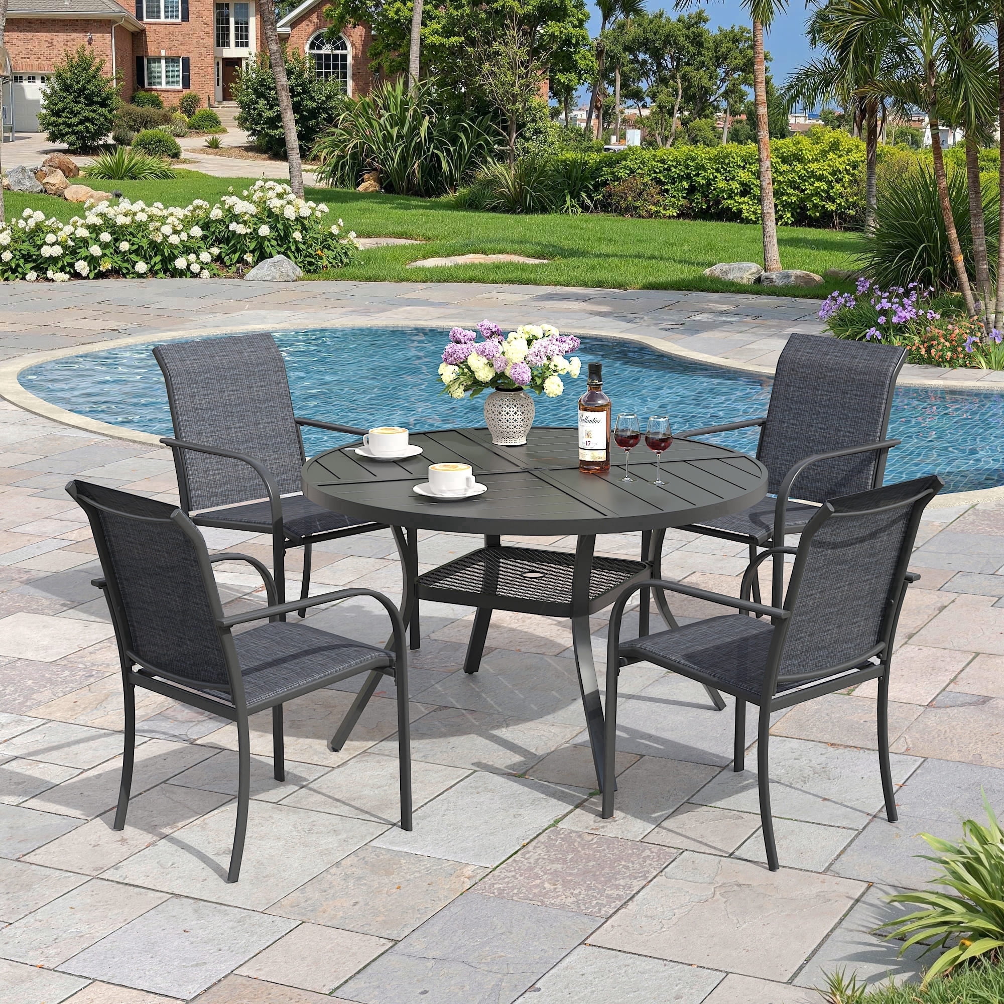 Vicllax 5-Piece Round Outdoor Patio Dining Furniture Set Table and Chair Metal Frame for Porch Deck