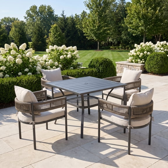 Vicllax 5 Pieces Outdoor Patio Dining Set, 38" Black Square Table with storage shelf and 4 Rattan Chairs with Soft Wheat Cushions