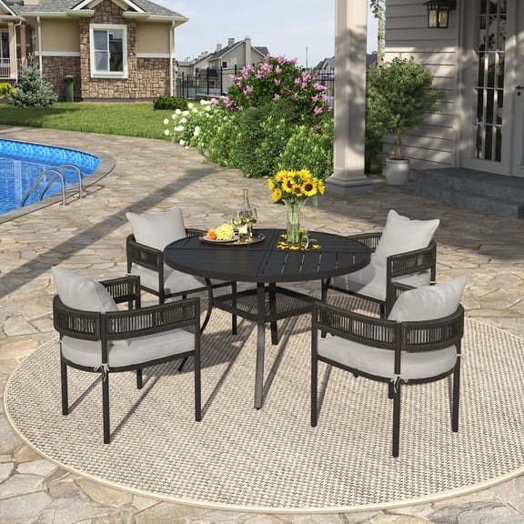 Vicllax 5 Pieces Outdoor Patio Dining Set, 40" Black Round Table and 4 Rattan Chairs with Soft Wheat Cushions