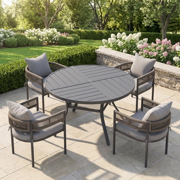 Vicllax 5 Pieces Outdoor Patio Dining Set, 40" Gray Round Table and 4 Rattan Chairs with Soft Gray Cushions