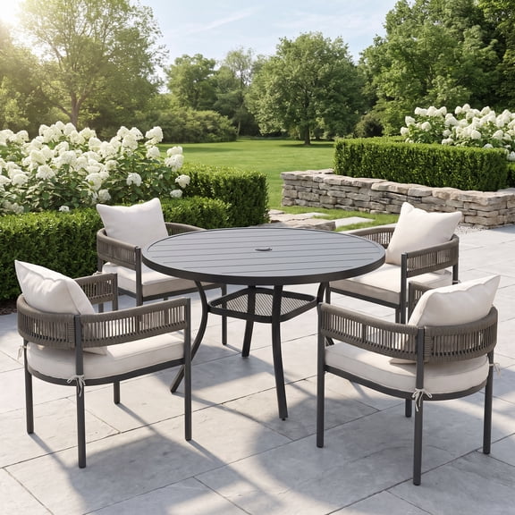 Vicllax 5 Pieces Outdoor Patio Dining Set, 41" Black Round Table and 4 Rattan Chairs with Soft Wheat Cushions