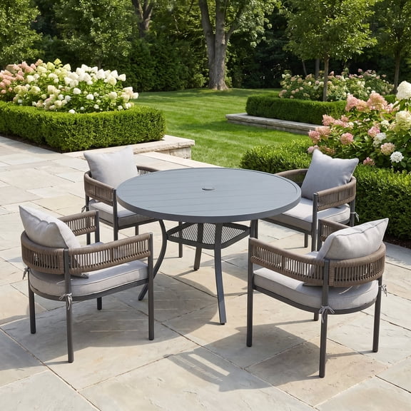 Vicllax 5 Pieces Outdoor Patio Dining Set, 41" Gray Round Table and 4 Rattan Chairs with Soft Gray Cushions