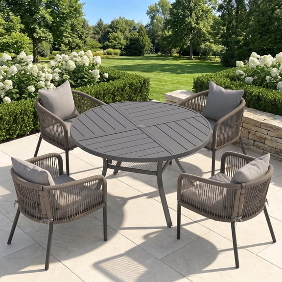 Vicllax 5 Pieces Outdoor Patio Dining Set, 41" Gray Round Table and 4 Rattan Chairs with Soft Gray Cushions