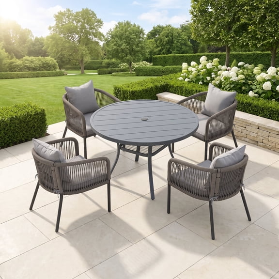 Vicllax 5 Pieces Outdoor Patio Dining Set, 41" Gray Round Table and 4 Rattan Chairs with Soft Gray Cushions