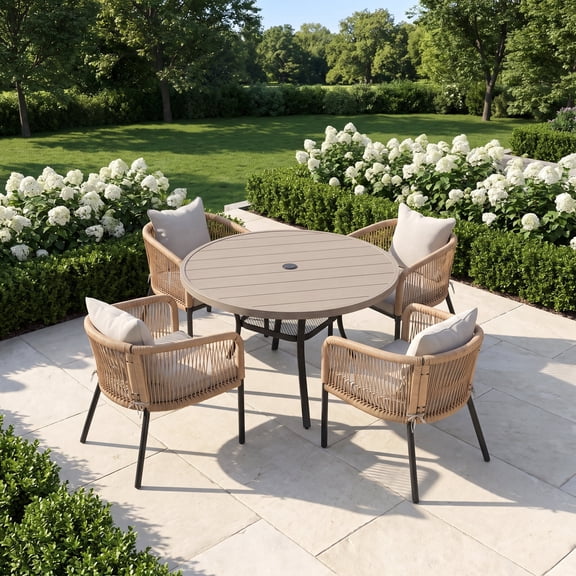 Vicllax 5 Pieces Outdoor Patio Dining Set, 41" Graywood Round Table and 4 Rattan Chairs with Soft Wheat Cushions