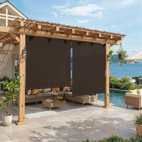 Vicllax 5'Wx6'H Outdoor Roller Shades Blinds Crank Operation Sun Blocking, Chocolate (Splice)