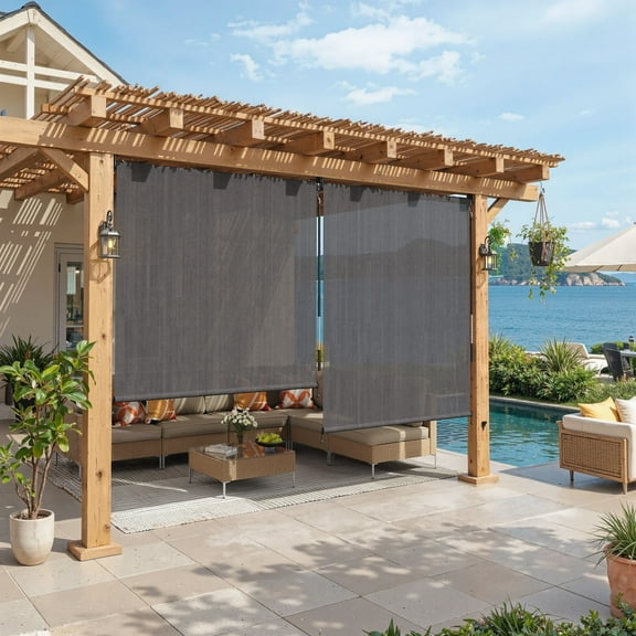 Vicllax 5'Wx6'H Outdoor Roller Shades Blinds for Patio Crank Operation Sun Blocking, Grey (Splice)