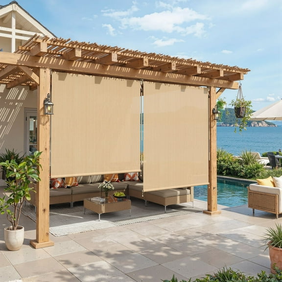 Vicllax 5'Wx6'H Outdoor Roller Shades Blinds for Patio Crank Operation Sun Blocking, Wheat (Splice)
