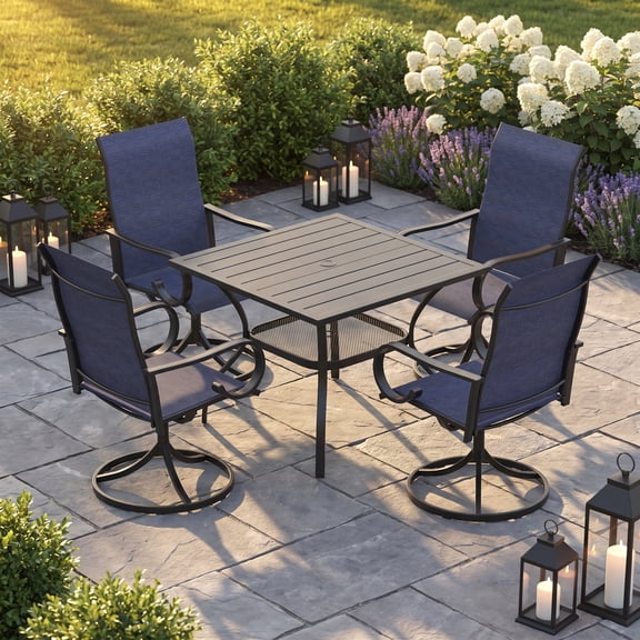 Vicllax 5Piece Outdoor Patio Dining Set, 38 Inch Square Table with Umbrella Hole and All-Weather Patio Swivel Chairs set of 4, Black Table and Blue Chairs