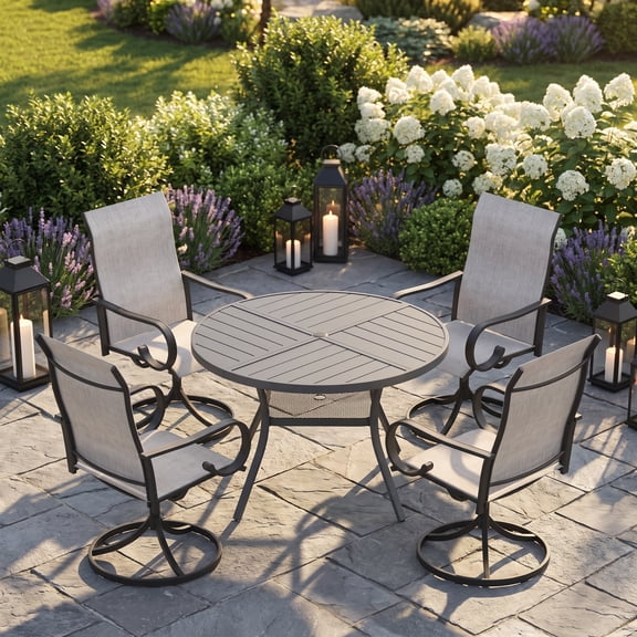 Vicllax 5Piece Outdoor Patio Dining Set, 40 Inch Round Table with Umbrella Hole and All-Weather Patio Swivel Chairs set of 4, Gray Table and Gray Chairs