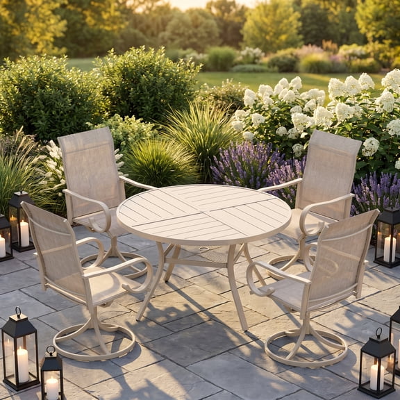 Vicllax 5Piece Outdoor Patio Dining Set, 40 Inch Round Table with Umbrella Hole and All-Weather Patio Swivel Chairs set of 4, Sandshell Table and Sandshell Chairs