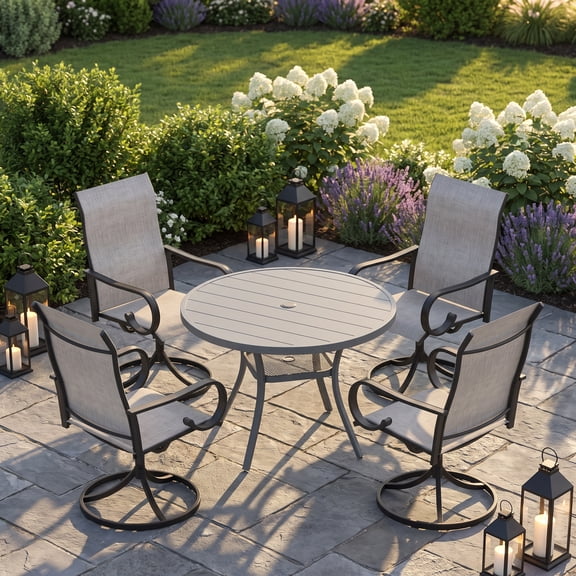 Vicllax 5Piece Outdoor Patio Dining Set, 41 Inch Round Table with Umbrella Hole and All-Weather Patio Swivel Chairs set of 4, Gray Table and Gray Chairs