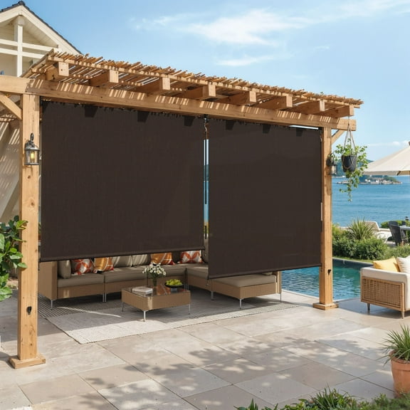 Vicllax 6'Wx6'H Outdoor Roller Shades Blinds Crank Operation Sun Blocking, Chocolate (Splice)