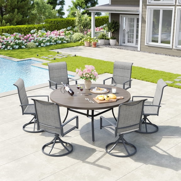 Vicllax 7-Pcs Round Outdoor Patio Dining Set Table and Chair Modern Style Metal for Deck Garden
