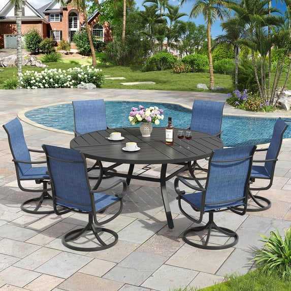 Vicllax 7-Pcs Round Outdoor Patio Dining Set Table and Chair Modern Style Metal, with Umbrella Hole