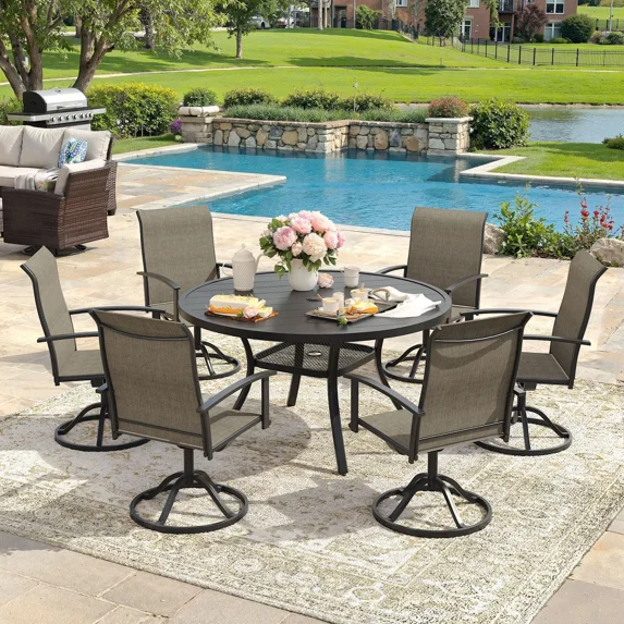 Vicllax 7-Pcs Round Outdoor Patio Dining Set Table and Chair Modern Style Metal, with Umbrella Hole
