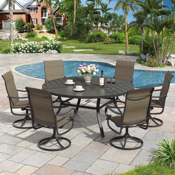 Vicllax 7-Pcs Round Outdoor Patio Dining Set Table and Chair Modern Style Metal, with Umbrella Hole