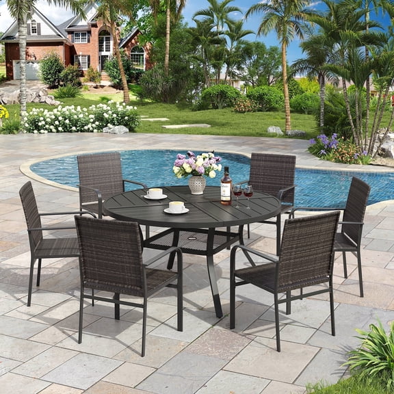 Vicllax 7-Piece Outdoor Patio Dining Set Wicker Rattan Chairs with Metal Frame and Steel Round Table