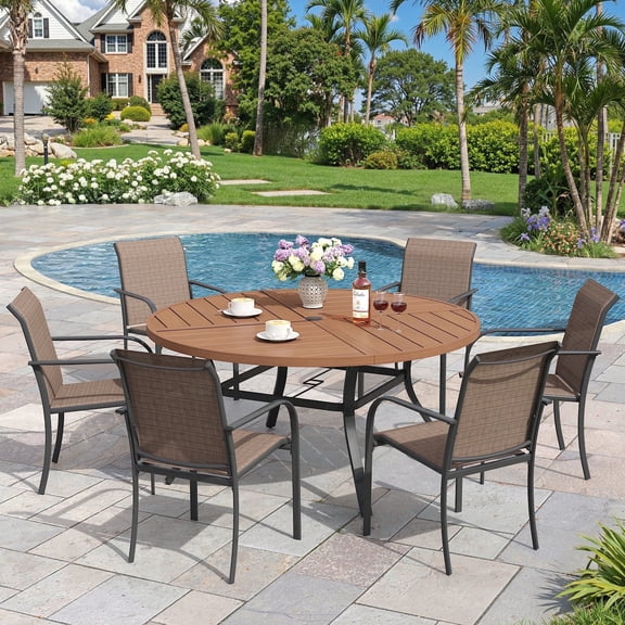 Vicllax 7-Piece Round Outdoor Patio Dining Furniture Set Table and Chair Metal Frame for Porch Deck