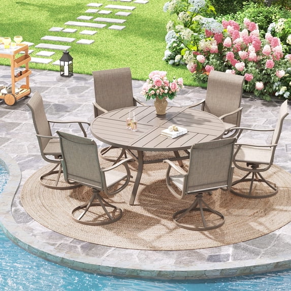 Vicllax 7-Piece Outdoor Patio Dining Set, 47-Inch Round Outdoor Table with Umbrella Hole and 6 Swivel Patio Chairs, Outdoor Furniture for Backyard, Garden, Deck & Porch